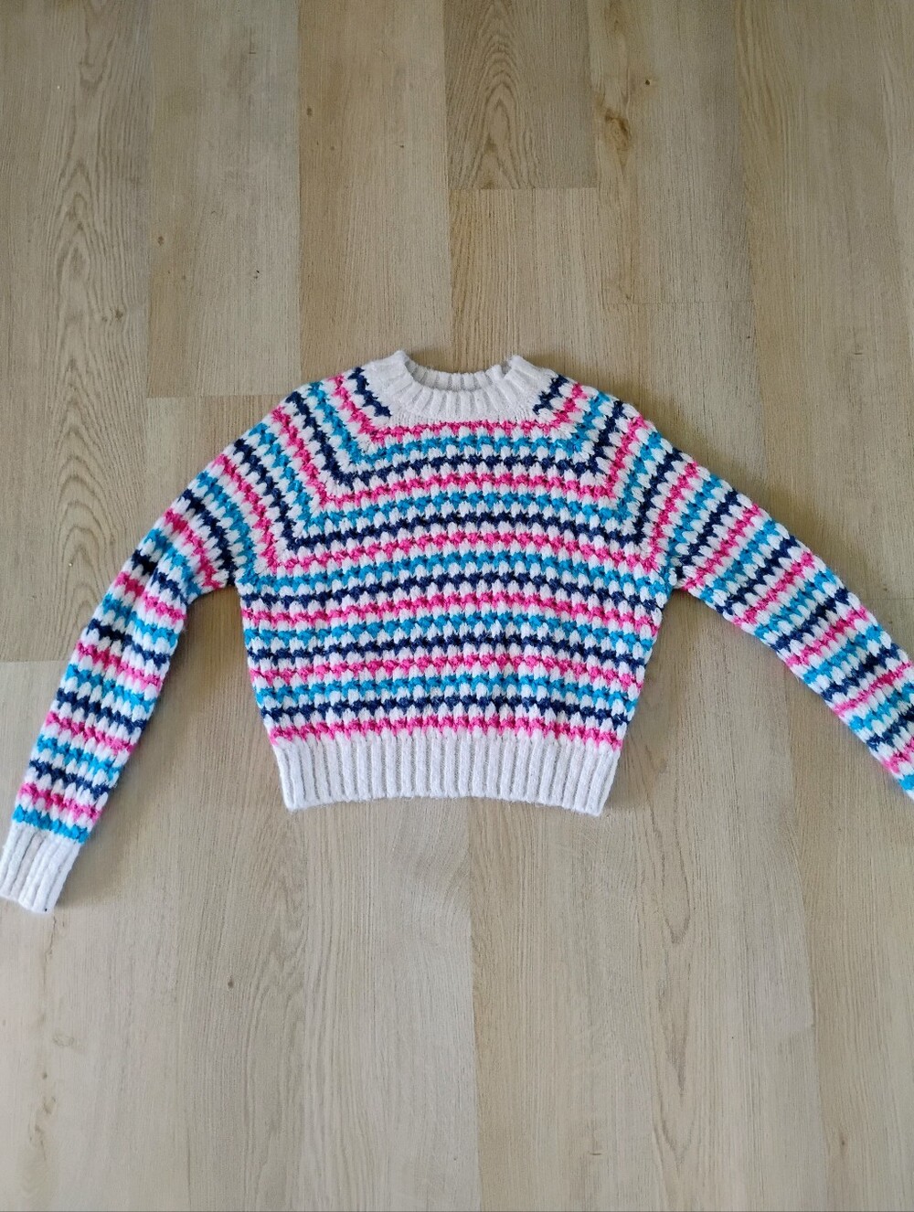 Cozy Multicolor Striped Crewneck Sweater - White, Blue & Pink
